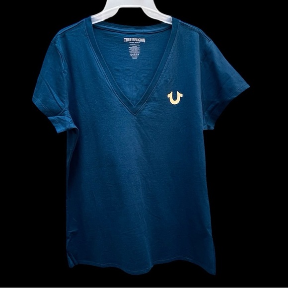 True Religion Blue/Dark Teal V-Neck T-Shirt with Gold Horse Shoe Size XXL - Picture 3 of 7